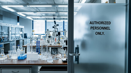 Modern laboratory with glassware and equipment showing authorized personnel only sign