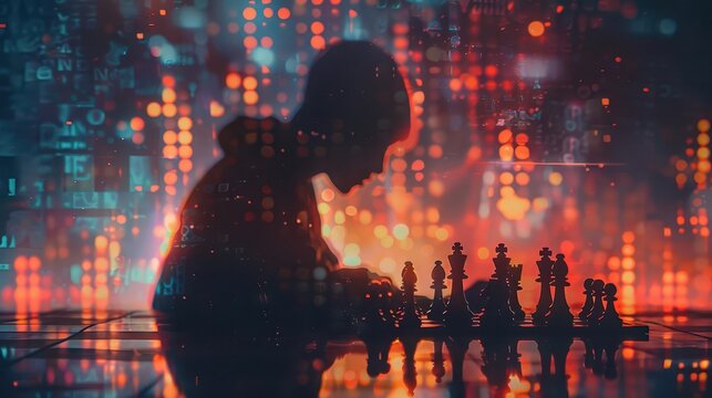 A silhouette of a person playing chess, with a backdrop of abstract, chessinspired patterns