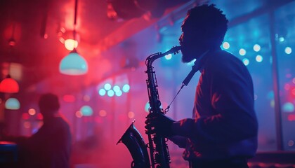 A silhouette of a person playing the saxophone, with a moody, jazz club scene behind
