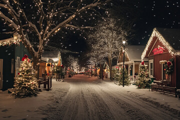 Small town Christmas card Main Street midwestern all-American town quaint snowy winter hometown with cars big illuminated Christmas tree	