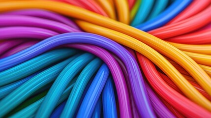 A vibrant arrangement of colorful, intertwined wires showcases a blend of purple, blue, red, orange, and yellow, creating an eye-catching visual.