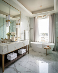 Luxury contemporary bathroom with a marble vanity, freestanding tub, gold fixtures, and soft lighting, creating a spa-like experience at home.

