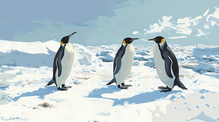 Obraz premium Penguins on snowy ground. Frozen Arctic Tundra. Illustration