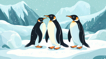 Fototapeta premium Penguins on snowy ground. Frozen Arctic Tundra. Illustration