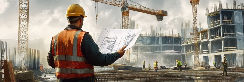 Aufkleber An engineer stands on a busy construction site, holding blueprints while overseeing the progress of workers and cranes busy at work. Generative AI