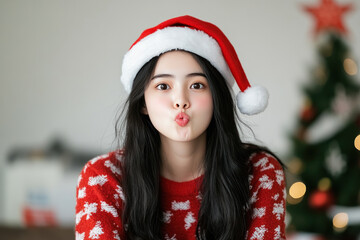 Indonesian woman blowing a kiss during Christmas celebration, love and family