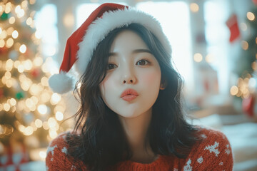 Korean woman blowing a kiss during Christmas celebration, love and family