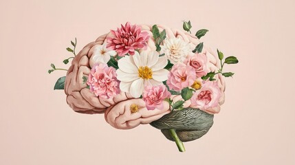 A surreal illustration combining a brain and vibrant flowers, symbolizing the connection between nature and intellect.