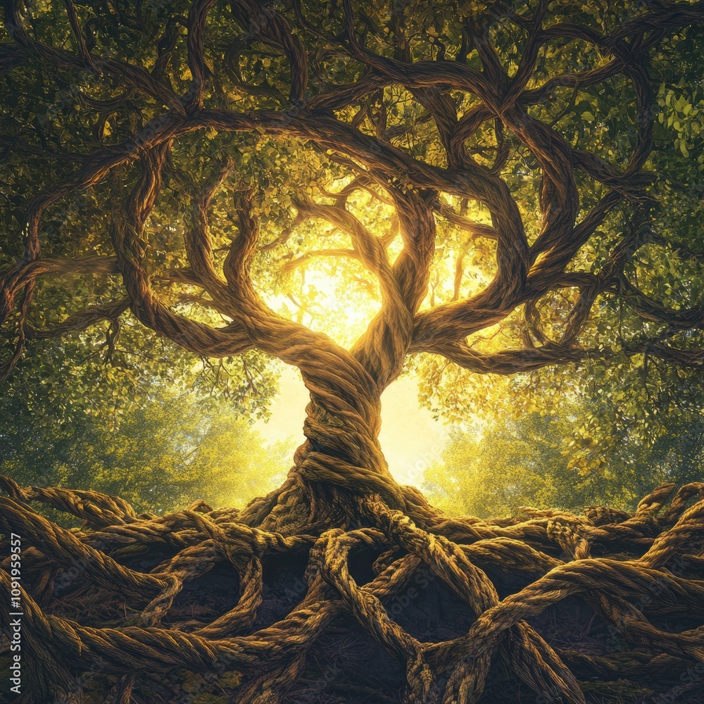 Aufkleber This vibrant artwork showcases a tree of life, with its twisting branches and roots conveying deep growth and connection in nature. Generative AI