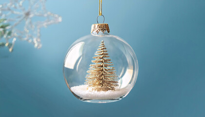 A clear glass ornament with a miniature snow-covered tree inside, set against a blue background with bokeh lights Generative AI