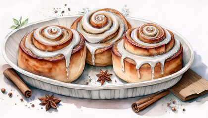 Cinnamon rolls with icing in a white dish on a white background. Generative AI