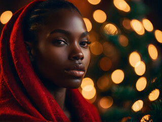 Close-up of a Black model wrapped in a red cloth, with the blurred glow of vibrant holiday decorations in the background.