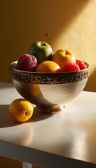 Bowl of Fruit, Tabletop Scene, Fresh Produce, Healthy Snack, Vibrant Colors, Still Life Art, Minimalist Aesthetic, Home Decor, Natural Beauty, Everyday Object, Food Display, AI Generated