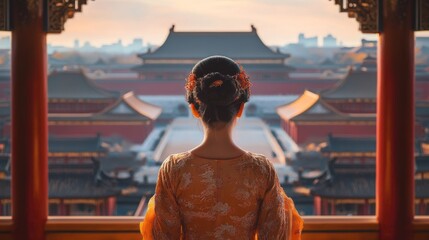 A Woman in Traditional Chinese Dress Gazes Out at the Forbidden City