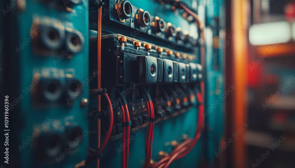 Poster close up of tidy electrical panel with organized cables and components, showcasing well maintained s