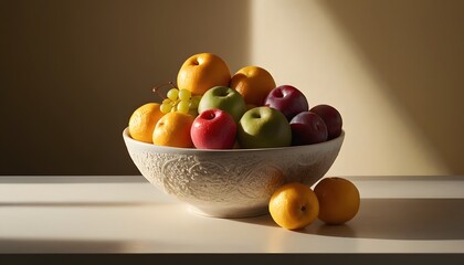 Bowl of Fruit, Tabletop Scene, Fresh Produce, Healthy Snack, Vibrant Colors, Still Life Art, Minimalist Aesthetic, Home Decor, Natural Beauty, Everyday Object, Food Display, AI Generated