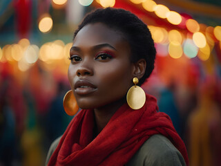 Portrait of a Black model wearing a red scarf and gold earrings, against a background of blurred, vibrant festival colors.