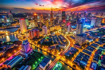 Obraz premium Aerial View of Vibrant Cityscape Perfect for Online Dating Backgrounds, Featuring Colorful Lights and Lively Urban Atmosphere to Set the Mood for Connections