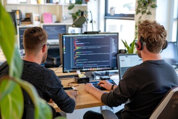 Two developers engage in focused programming at their desks, surrounded by plants and a well-organized workspace filled with monitors and tech equipment.