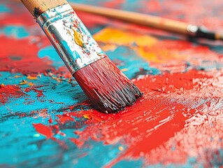Fototapeta premium A close-up of a paintbrush on a colorful canvas, showcasing artistic expression.