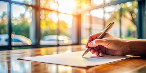 A focused individual engaged in the art of writing with a pen on a blank piece of paper, capturing the essence of creativity and thoughtfulness in a serene environment.