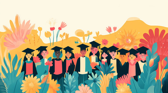 Illustration of students celebrating their graduation, surrounded by flowers and nature, with an overall warm color palette and soft lighting