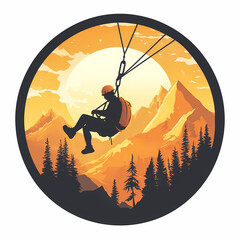 A vector design for a sticker with a white background, a person zipping through the air on an electric wire in front of mountains and trees
