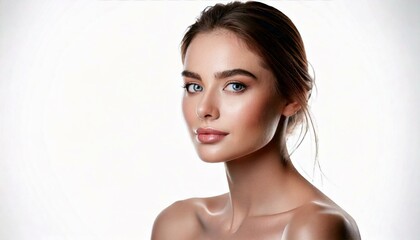 Naklejka premium Beautiful young woman with clean perfect skin. Portrait of beauty skincare model with natural make up, isolated on a white background