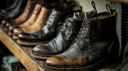 Vintage leather boots displayed on a wooden shelf