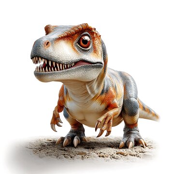 A realistic and detailed illustration of a Rajasaurus dinosaur on a white background, showcasing its sharp teeth, textured skin, and powerful stance.