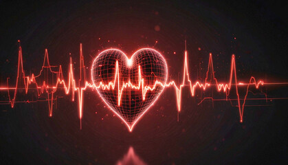 Obraz premium A glowing, vibrant red heart pulsates as a streak of light on a dark background, surrounded by an illuminated heartbeat waveform. Generative Ai