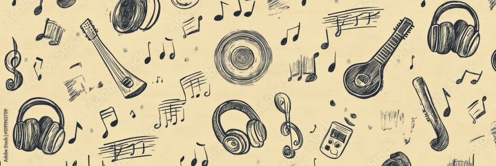 Fototapete this doodle pattern showcases an array of musical instruments, notes, headphones, and sound waves in