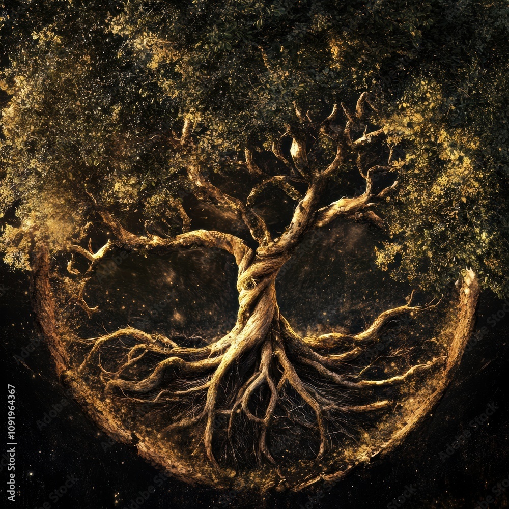 Leinwandbilder An intricate depiction of a tree of life showcases its entwined branches and roots, representing unity and natural growth through time. Generative AI