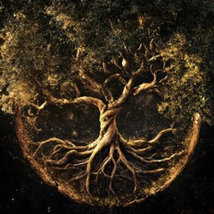 An intricate depiction of a tree of life showcases its entwined branches and roots, representing unity and natural growth through time. Generative AI