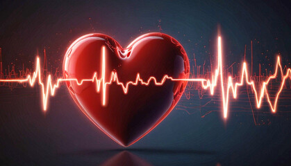 A glowing, vibrant red heart pulsates as a streak of light on a dark background, surrounded by an illuminated heartbeat waveform. Generative Ai
