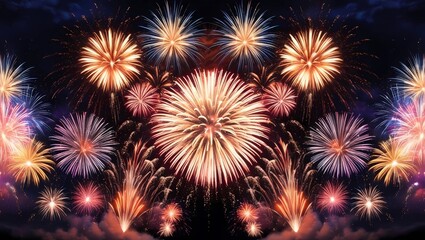 Vivid and exciting celebration fireworks exploding against a black sky.