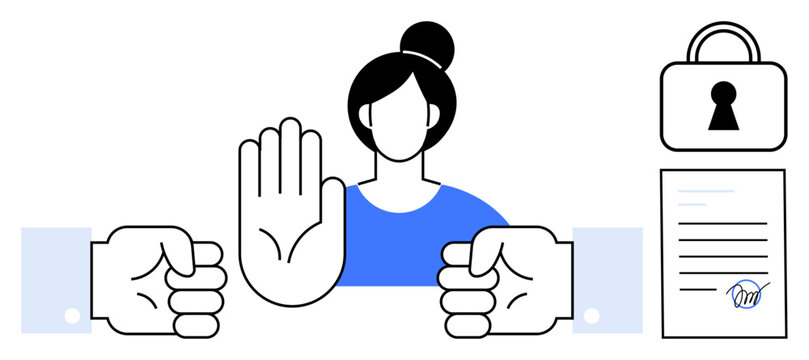 Woman with raised hand stopping two fists, lock, and signed document. Ideal for conflict resolution, security, peace, mediation, negotiation boundaries cooperation. Line metaphor