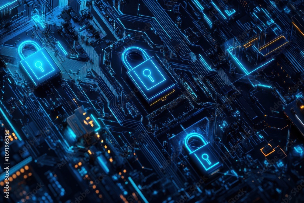 Poster Colorful abstract background showcases padlocks and keys, symbolizing security and access within a digital realm filled with technology. Generative AI