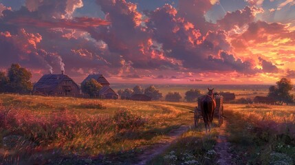 Fototapeta premium Sunset over rural village with horse-drawn cart on dirt road.