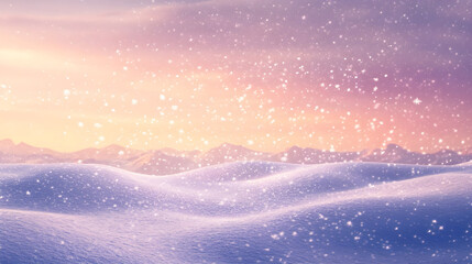 A peaceful winter wonderland with delicate snowflakes drifting down onto a blanket of untouched snow beneath a softly glowing sky