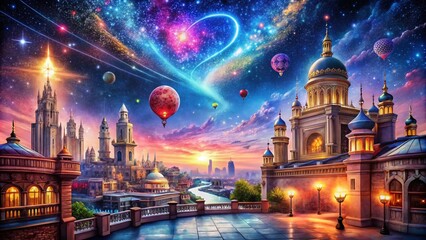 Obraz premium Architectural Harmony: Captivating Structures Embracing the Universe and Love, Showcasing Cosmic Elements and Romantic Quotes in a Serene Urban Landscape
