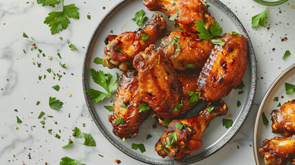 tasty baked curry chicken wings served with greek yogurt closeup on the plate on the marble table. horizontal top view from above with a white accent, space for captions, png