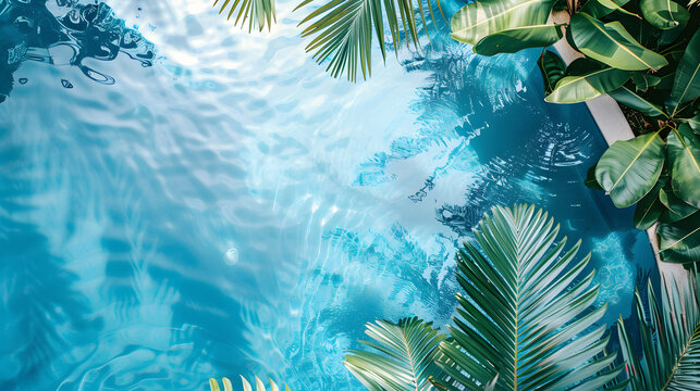 pool edge and water backdrop create an exotic summer setting with a laid-back vacation vibe in a top-down view with a white accent, png