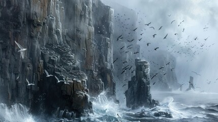 Dramatic coastal cliffs with crashing waves and a flock of birds in stormy weather.