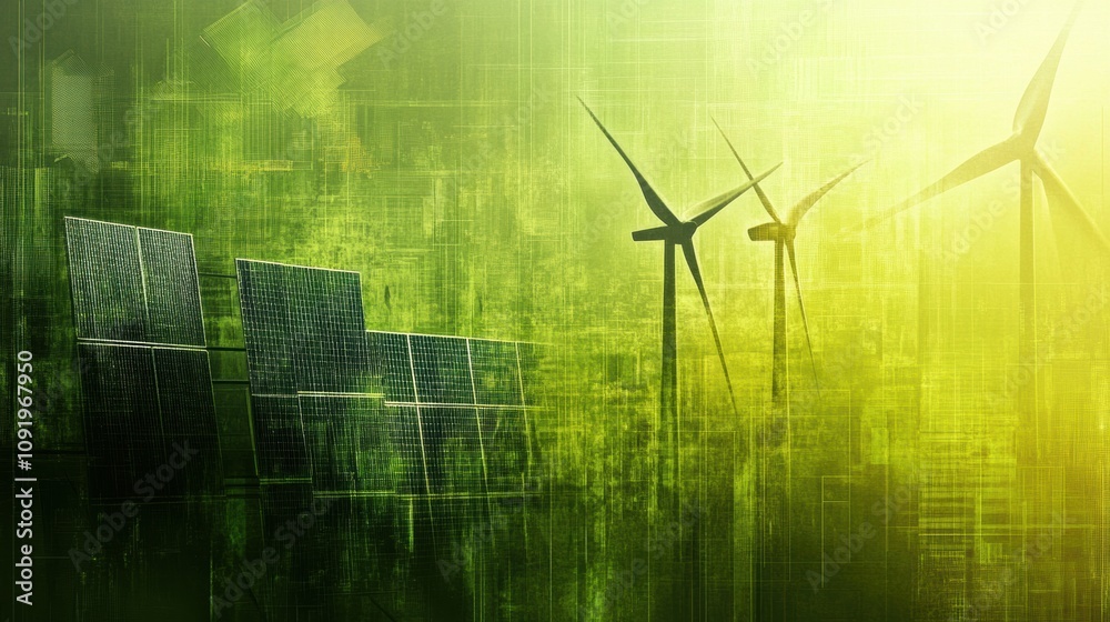 Aufkleber solar panels and wind turbines combine in a minimalistic background, emphasizing sustainability and 
