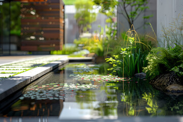 Obraz premium Serene garden scene with lush greenery reflecting in a tranquil pond, creating a peaceful and harmonious atmosphere.