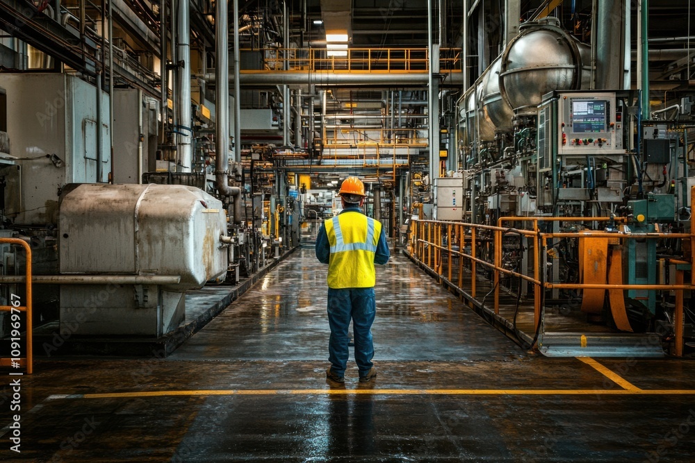 Aufkleber an engineer in a safety vest inspects equipment and machinery in a busy factory environment. the wor