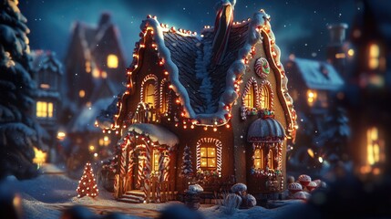 Fototapeta premium Festive Gingerbread House Surrounded by Snowy Landscape with Twinkling Lights and Christmas Decorations, Creating a Cozy and Magical Winter Scene