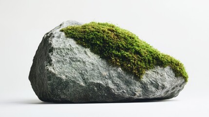 Natural Stone with Vibrant Green Moss on Surface, Isolated on Clean White Background, Ideal for Nature and Landscape Themes, Eco-Friendly Concepts, Sustainable Living, and Earthy Designs