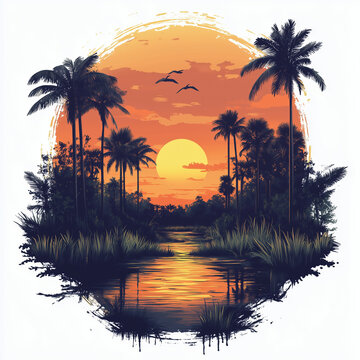Sunset everglades national park landscape illustration travel destination element